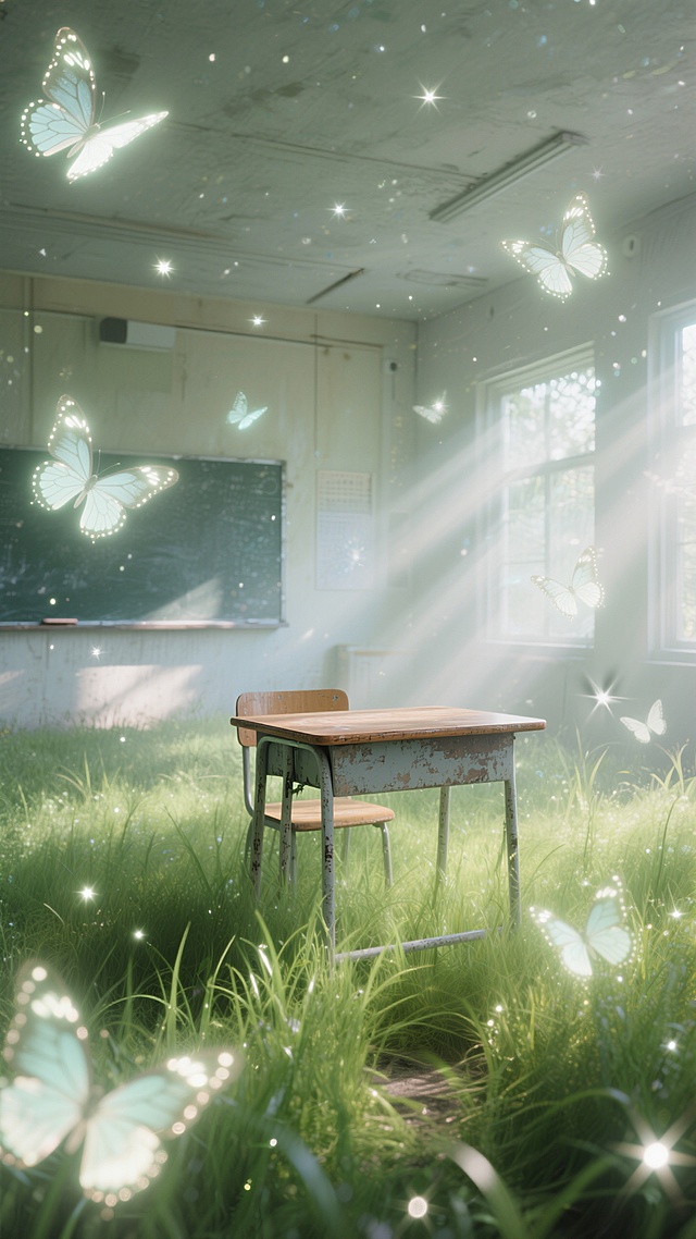 空旷的教室，整个教室长满茂密的草，一个课桌摆在正中间，周围飘着发光的蝴蝶，外面是白天