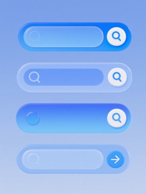 一组四个完全不同造型的搜索框元素设计集合，均保持统一的现代简约3D风格，主体采用渐变蓝色调，带有细腻的高光反射和柔和阴影效果，右侧配有白色圆形按钮及蓝色箭头图标，整体规整排布于纯色背景上，每个搜索框在保持核心功能元素的同时，展现出独特的形态设计，如不同弧度的边角处理、各异的按钮样式或微妙的结构变化，形成系列化视觉效果。预览效果