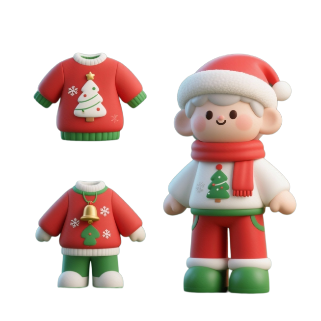 圣诞主题服饰图标，包含上衣、裤子、围巾、帽子，每种服饰各两套，色彩以红色、绿色、白色为主，带有圣诞元素如雪花、圣诞树图案、铃铛装饰，整体风格可爱软萌，3D质感圆润柔和预览效果