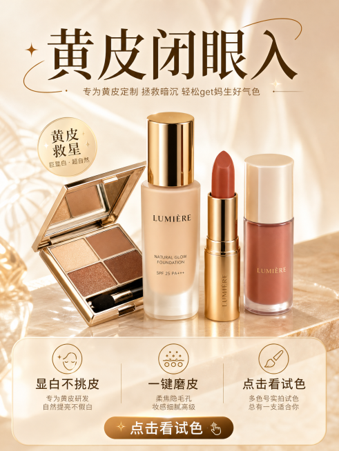 小红书美妆广告竖版封面图，比例3:4，版式布局：上方标题文字"黄皮闭眼入",中间展示美妆产品,下方卖点文字依次为"显白不挑皮" "一键磨皮" "点击看试色"，整体轻奢美妆风格，适合黄皮用户推广预览效果