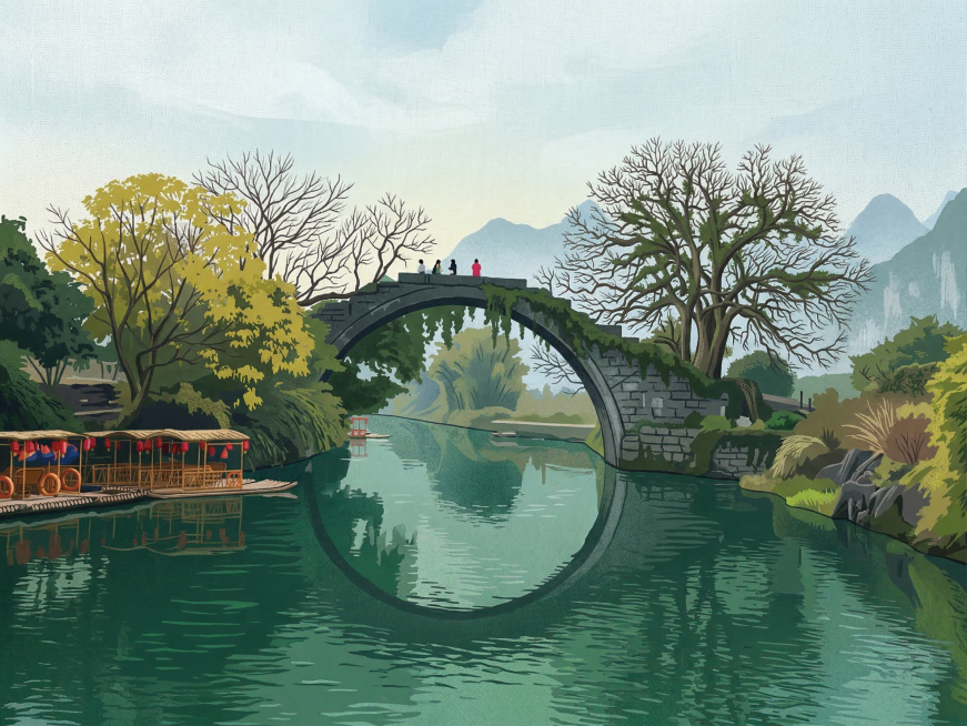 将图片转换成插画风格，保留原图的石桥、河流、游船、树木和远山的构图与内容预览效果