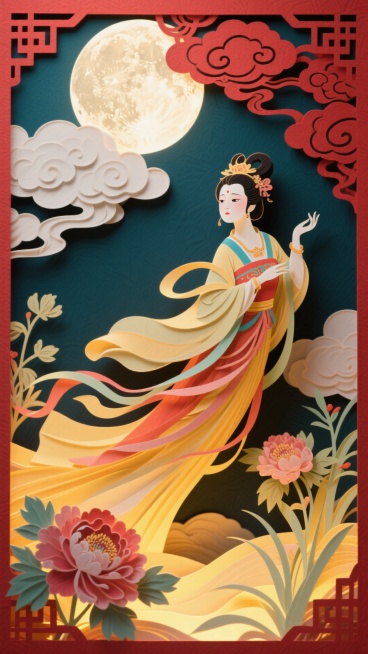 嫦娥身姿轻盈曼妙，衣袂飘飘 ，缓缓飞向月宫。 嫦娥的表情，眼神中流露出的眷恋与无奈， 飘逸的云朵，增加画面的空间感和动态感，让云朵仿佛在她身旁流动。明月高悬， 传统剪纸元素 ，红色祥云图案，分布在画面预览效果
