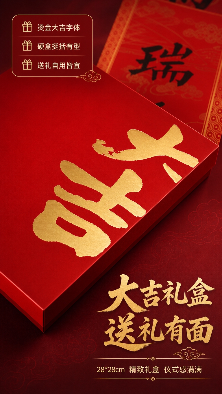 [商品] 使用【图6】大吉礼盒；保留红色礼盒盒体、烫金"大吉"… - 图片创意预览