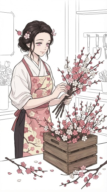 保持原图二次元漫画线稿上色风格，重新绘制花店服务员灶门祢豆子，更换和上次生成不同的全新服装，设计和参考图、上次生成都不一样的人物动作，身边点缀梅花，保留简洁线稿空白背景预览效果