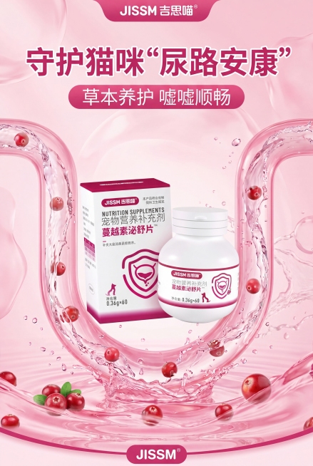 根据图1的猫咪蔓越素泌舒片产品，参考图2和图3的电商详情页排版和构图风格，设计一张偏粉色的电商详情页主图，主标题文案是"守护猫咪‘尿路安康’"，副标题文案是"草本养护 嘘嘘顺畅"，产品保持和图1一致，预览效果