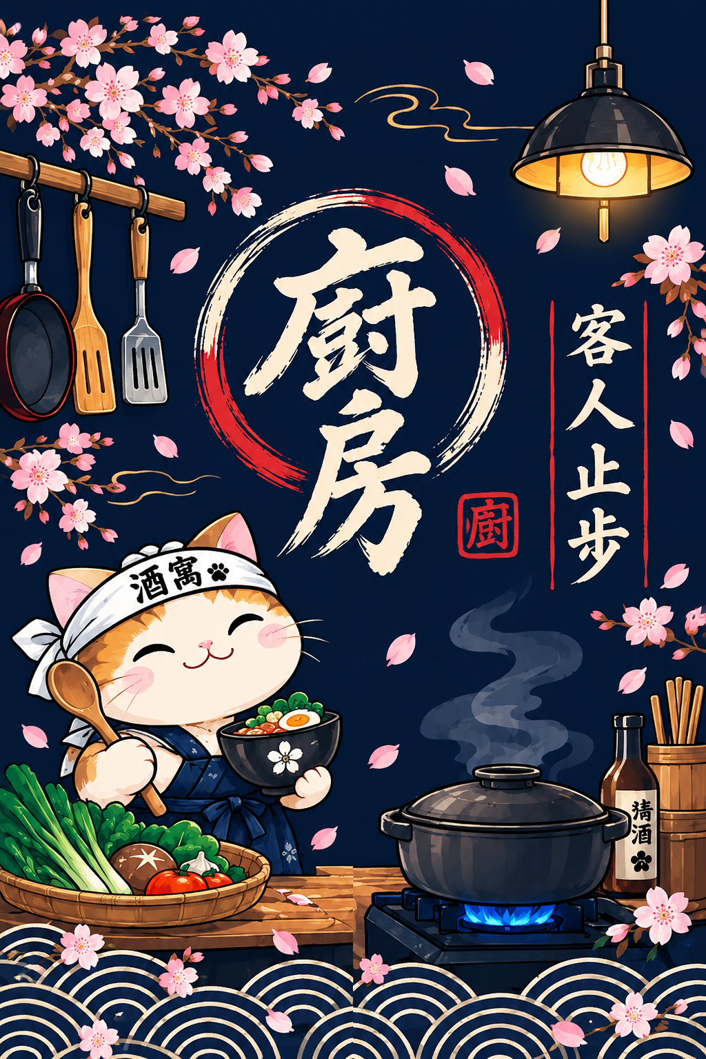 提取图中的门帘图案，完整还原门帘上的日式厨房主题插画：藏深蓝色… - 图片创意预览