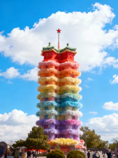 建筑整体呈现出全毛绒质感的风格，毛绒有层次感，毛绒颜色为彩虹色调。建筑保留原始形状，各个部分都如同被几种颜色柔软的毛绒材质精心包裹  背景换成蓝天白云预览效果