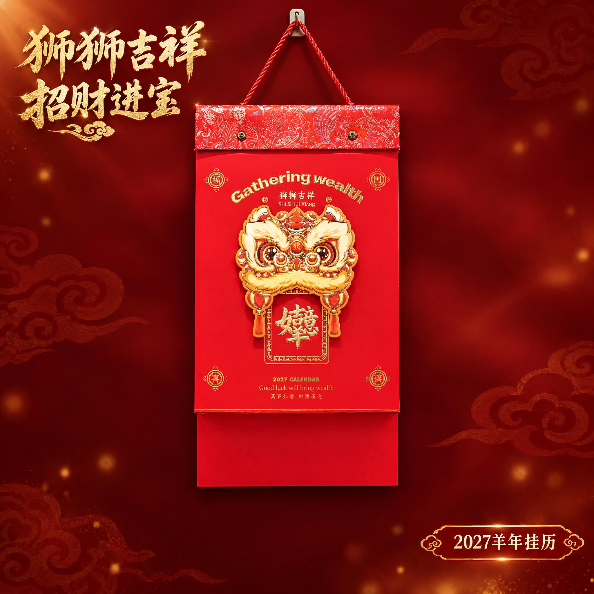 狮狮吉祥醒狮挂历单独展示，淘宝主图规格高清图。产品居中悬挂展示… - 图片创意预览