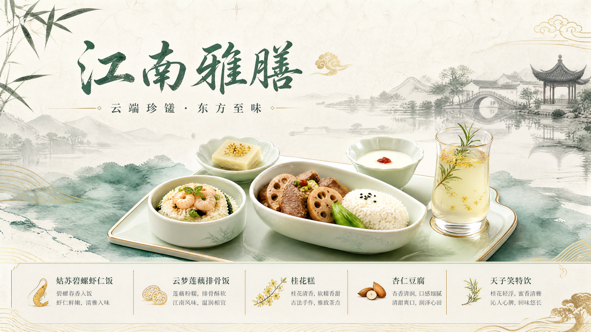 PPT内页，国风主题航空餐食展示，姑苏碧螺虾仁饭云梦莲藕排骨饭，桂花糕杏仁豆腐，天子笑特饮，水墨国风摆盘，雅致古风设计预览效果