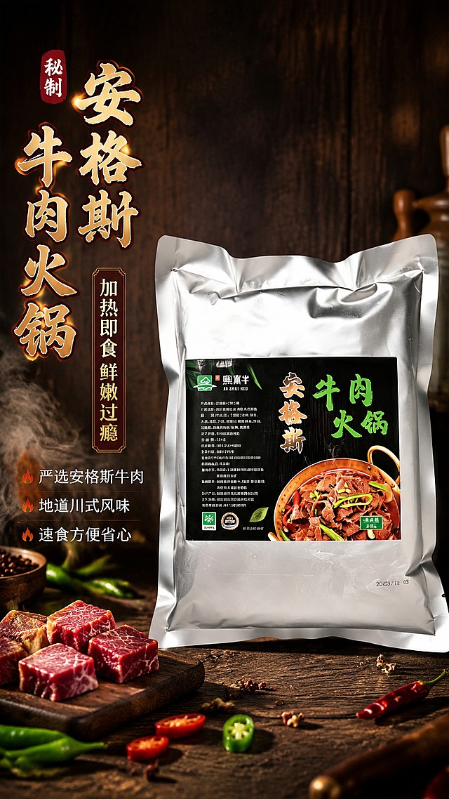 「图片1」，生成一套详情页，商品名称为牛肉火锅袋装，适配抖音/快手平台，单图比例为9:16，需求屏数为1张。