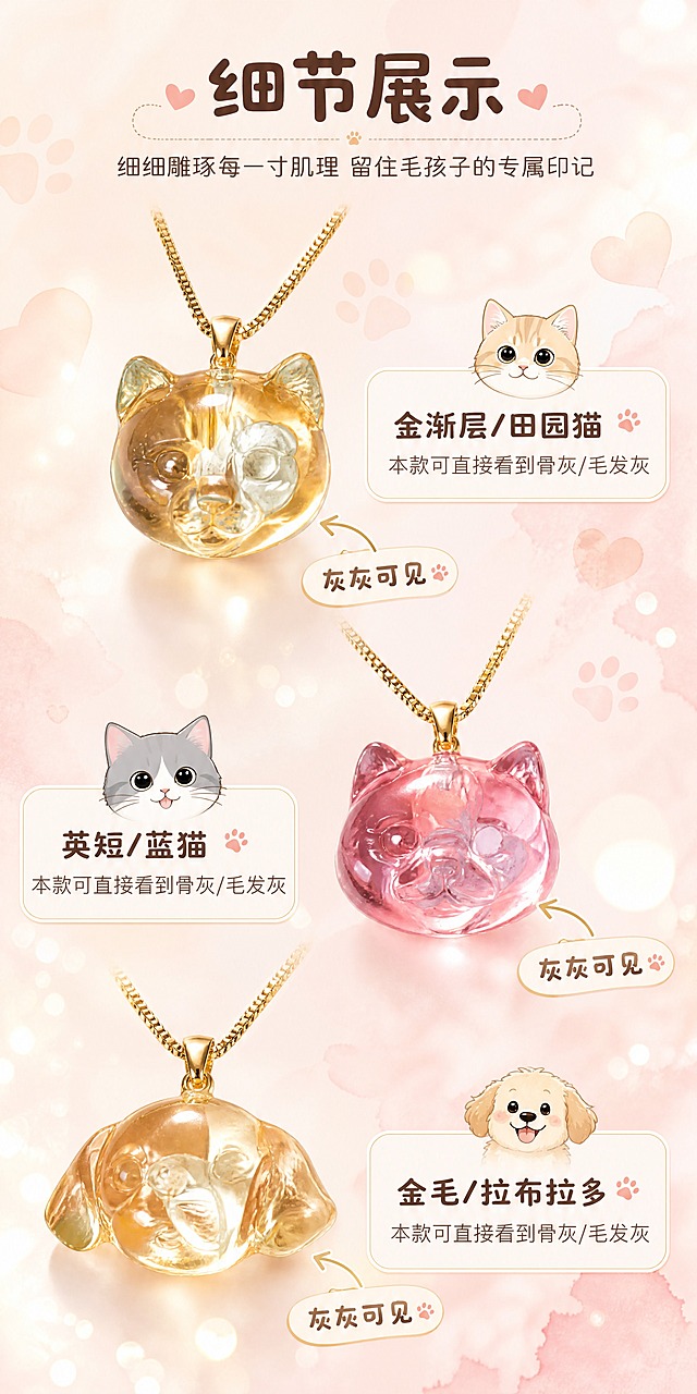 [商品] 使用【图1】三款宠物毛发/骨灰纪念吊坠项链；保留三款吊坠造型：金色透明猫咪头（金渐层/田园猫）、粉色透明猫咪头（英短/蓝猫）、金色透明狗狗头（金毛/拉布拉多），均配金色细链，吊坠内部可见骨灰/毛发灰的质感真实保留；商品处理：增强水晶/树脂通透光泽感，金属链条提升精致质感，去除原图中橙色背景和尺子道具。
[画面] 页面目标为细节展示，竖版长图，上中下布局三款吊坠错落排列，每款旁配对应品种的可爱卡通小头像点缀，产品占画面约55%，阅读动线从上到下；前景柔和光斑、中景三款吊坠悬浮于柔和渐变背景上、后景淡色水彩晕染宠物爪印与爱心元素，营造温馨治愈的纪念氛围。
[视觉] 套系策略：风格=高级软萌治愈风商业摄影，精致通透有质感；标题字=圆润粗黑体，可爱圆角；正文字=简洁圆润无衬线体；主色=奶粉色+暖香槟金；背景延展=基于奶粉色做深浅渐变、柔焦光斑、淡彩水彩晕染、细腻纸张质感；强调色=暖香槟金，仅用于小面积图标、引线、装饰线条和标题点缀；标题色=深奶茶棕；正文色=暖灰棕；组件=圆角奶白信息卡、细金线引线、软萌爪印图标、爱心点缀；光影=柔和顶侧暖光，通透水晶高光，整体柔光氛围感。
[文字] 顶部居中主标题"细节展示"，副标题"细细雕琢每一寸肌理 留住毛孩子的专属印记"；每款吊坠旁配品种名称（金渐层/田园猫、英短/蓝猫、金毛/拉布拉多）和"本款可直接看到骨灰/毛发灰"说明文字，用"灰灰可见"可爱标签+金色箭头指向吊坠内部；所有文字横排，不遮挡吊坠主体，字号保证手机端清晰可读。
[规格] 图片比例约1:2竖版（宽750高1500），4K分辨率，避免变形、错字、文字过小、冷蓝/冷灰背景、产品颜色改变、造型失真、廉价感。