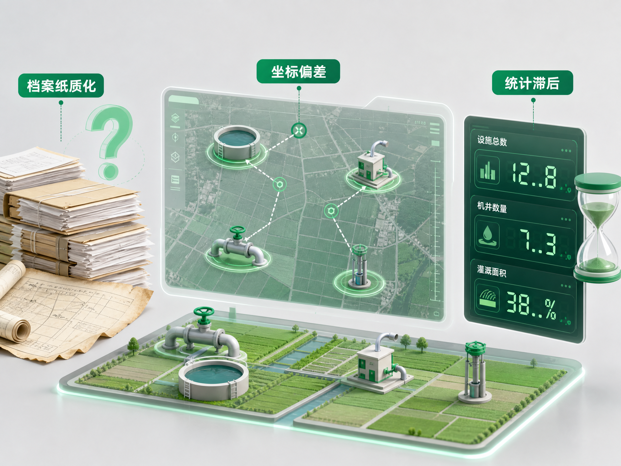 科技感信息图表插画，表现高标准农田底数不清的痛点。画面左侧是堆… - 图片创意预览