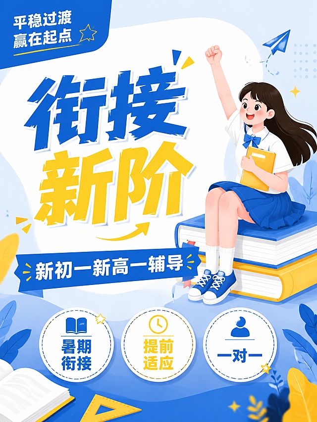 扁平插画风格教育培训海报，延续蓝黄清新配色，3:4竖版比例，突出核心文案。主标题蓝黄撞色放大写"衔接新阶"，蓝色横幅副标题写"新初一新高一辅导"，右侧女生坐在书本上举拳加油，底部三个圆形标签写"暑期衔接"、"提前适应"、"一对一"，左上角蓝色块写"平稳过渡 赢在起点"，风格统一，主题围绕要求，禁止出现违规词汇