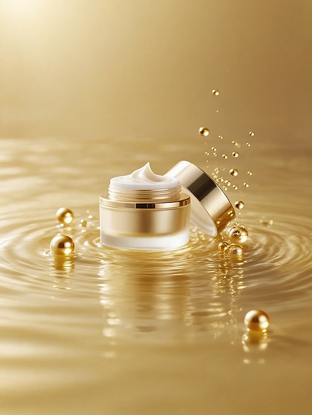商业静物摄影。主体置于淡黄色调的清澈水流之中，空气中灵动的漂浮着金色水珠。金色奢华低调的背景。简约高级的光影。