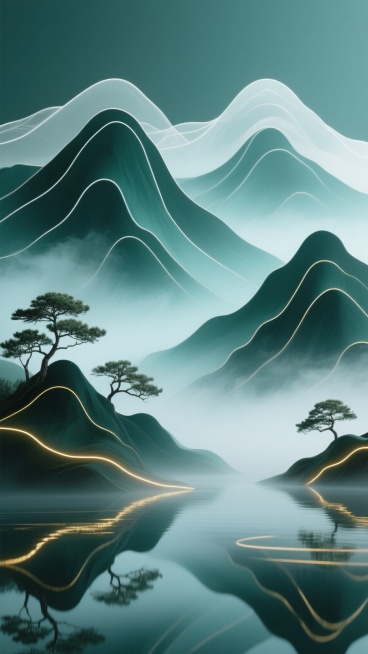 新中式风格山水背景，画面主体为层叠起伏的山峦，山峰以半透明的白色线条勾勒轮廓，内部填充渐变的墨绿色，山脚和山腰点缀着几棵形态古朴的松树，山间弥漫着淡青色的薄雾，营造出朦胧缥缈的意境，近处的水面倒映着山峰和金色的线条光带，整体色调以青绿、白色和金色为主，光线柔和，光影过渡自然，呈现出宁静、雅致而又富有现代感的氛围。预览效果