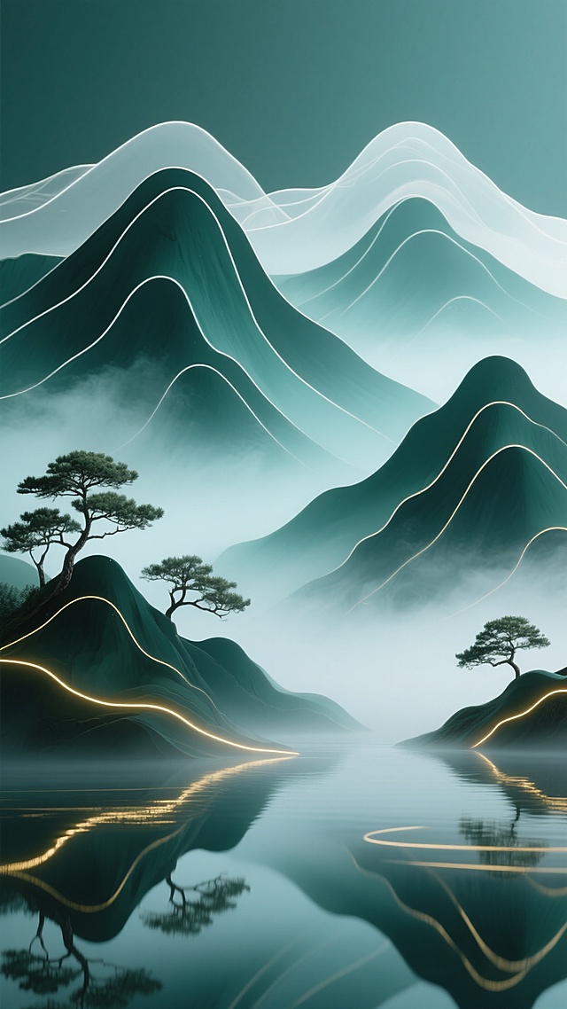 新中式风格山水背景，画面主体为层叠起伏的山峦，山峰以半透明的白色线条勾勒轮廓，内部填充渐变的墨绿色，山脚和山腰点缀着几棵形态古朴的松树，山间弥漫着淡青色的薄雾，营造出朦胧缥缈的意境，近处的水面倒映着山峰和金色的线条光带，整体色调以青绿、白色和金色为主，光线柔和，光影过渡自然，呈现出宁静、雅致而又富有现代感的氛围。