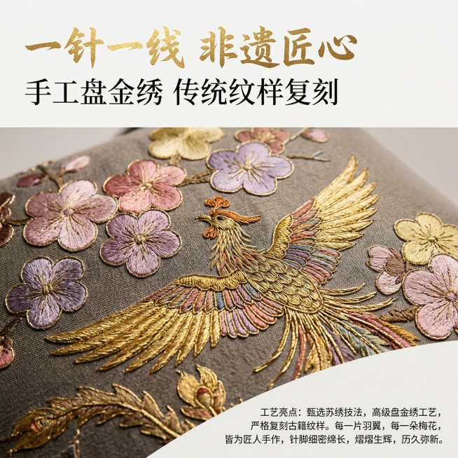 严格还原参考图托特包包身凤凰梅花刺绣的针脚、色彩、纹样细节。产品刺绣区域特写置于画面中心，画面左上角添加主标题"一针一线 非遗匠心"（书法烫金字体），主标题下方添加副标题"手工盘金绣 传统纹样复刻"（预览效果