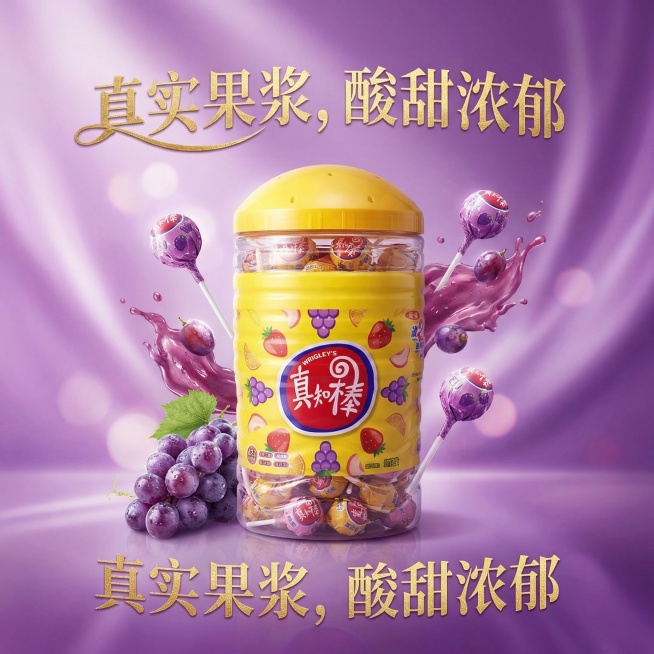 背景改为梦幻紫渐变，突出葡萄味真知棒和桶装产品，添加卖点文案"真实果浆，酸甜浓郁"，风格精致高级预览效果