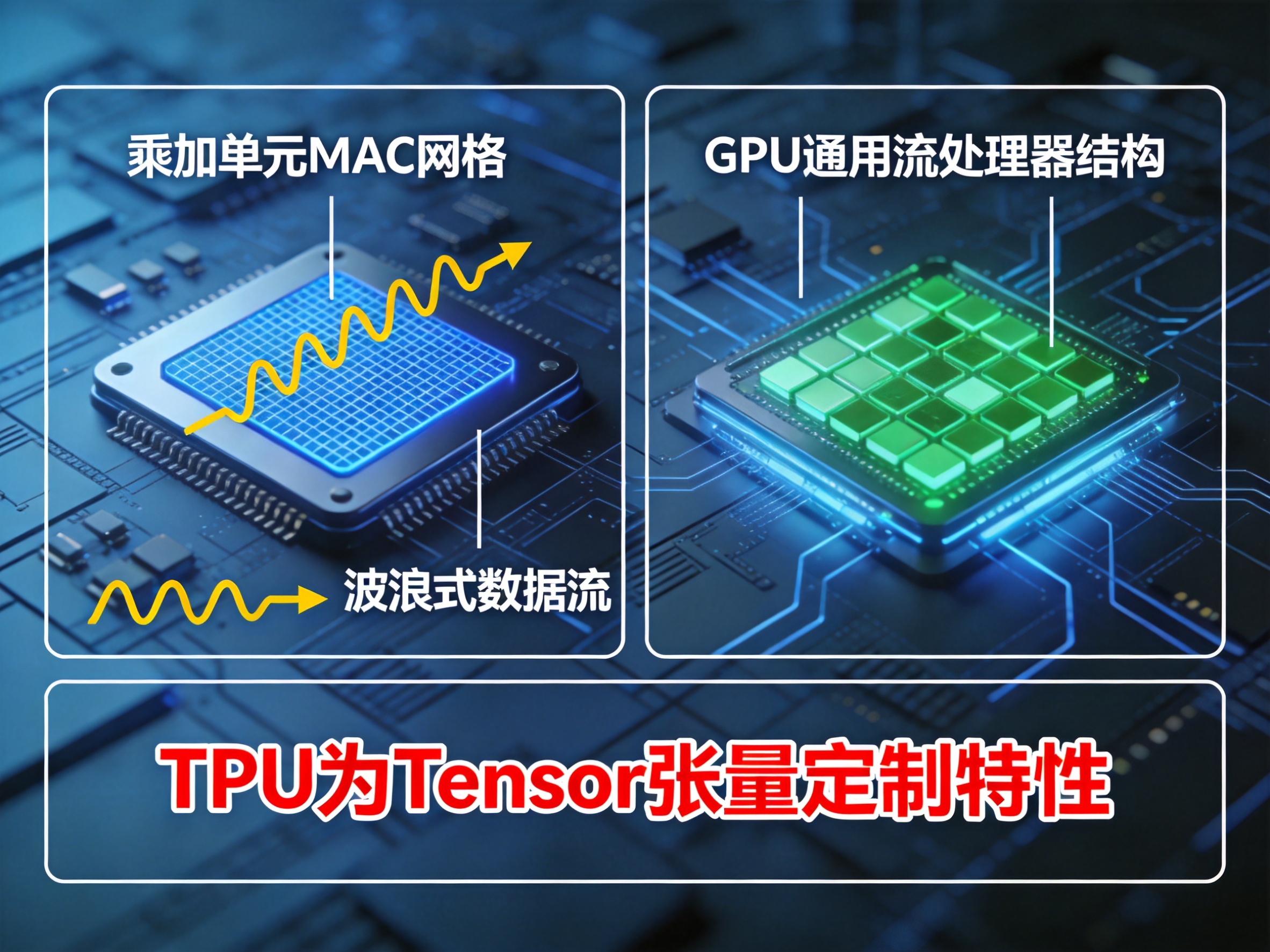 科技风TPU芯片内部结构框图，突出标注乘加单元MAC网格和波浪… - 图片创意预览