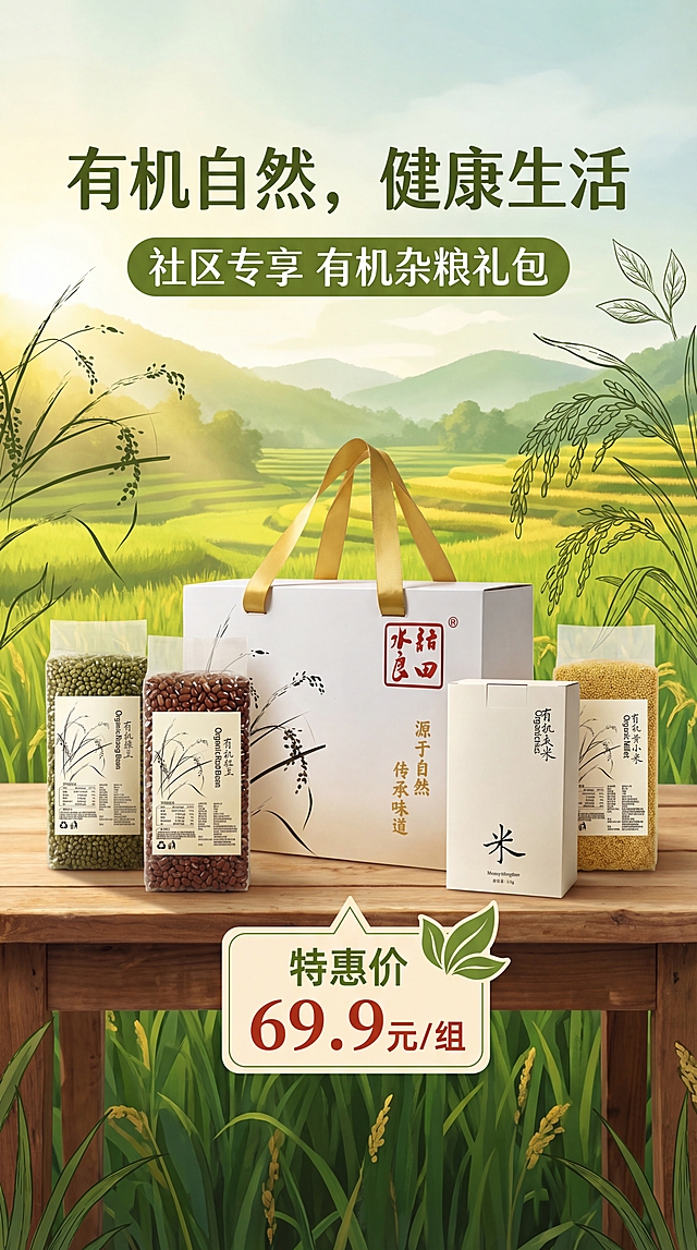 将提供的五张产品图整合到一张社区推广活动海报中，排版展示五款有机杂粮产品，突出有机自然主题，标明一组售价"69.9元"，风格自然清新，绿色调，适合社区推广