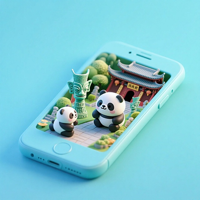 一个手机创意微缩场景，手机平放，侧面对着观众，手机俯视角度，立体的成都景观从屏幕内出来，有熊猫，三星堆，武侯祠，整体色调立体魔幻。青色背景。具有梦幻感,打光营造出柔和氛围强调梦幻和未来感的美学。