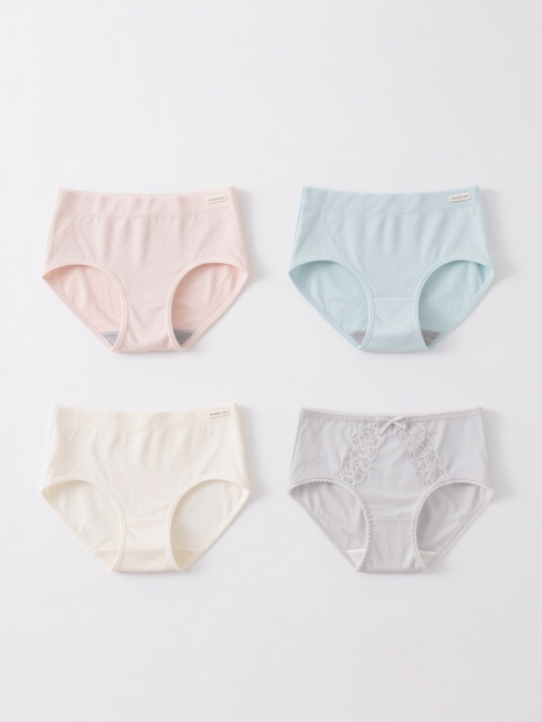 纯白色背景上，四个完全不同造型的女性内裤以规整的网格排布形成系列素材集合，保持高清晰度产品摄影风格，柔和均匀的顶光照明，细腻的棉质纹理质感，每个内裤拥有独特的剪裁设计——包括高腰三角款、中腰平角款、低腰无痕款和带有简约蕾丝装饰的款式，统一采用柔和的浅色系色调（浅粉、浅蓝、米白、浅灰），内裤边缘线条清晰流畅，标签细节自然呈现，整体构图平衡对称，具有商业产品目录的专业展示感。预览效果