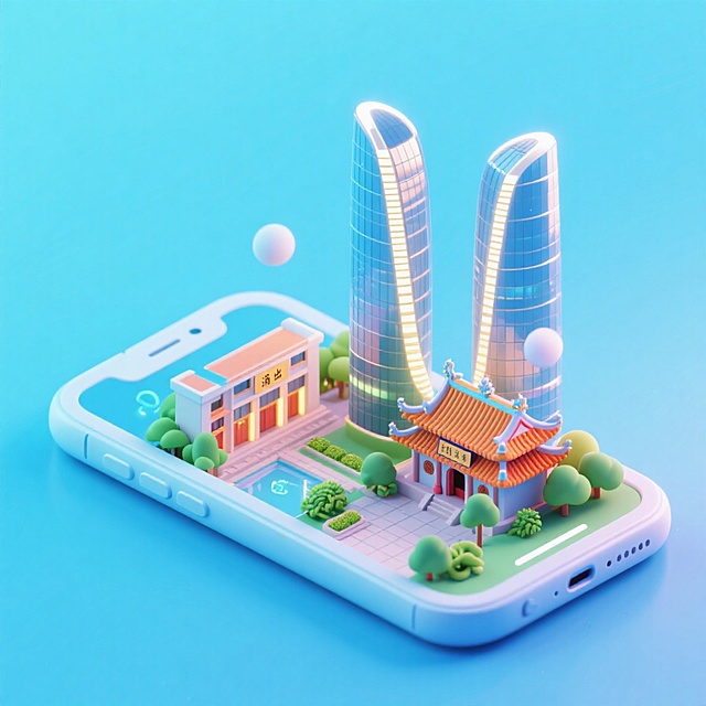 软3D风微缩艺术，手机屏幕中融合传统建筑与未来高楼，清透梦幻，科技感与可爱感交织，呈现虚拟现实中的城市童话。