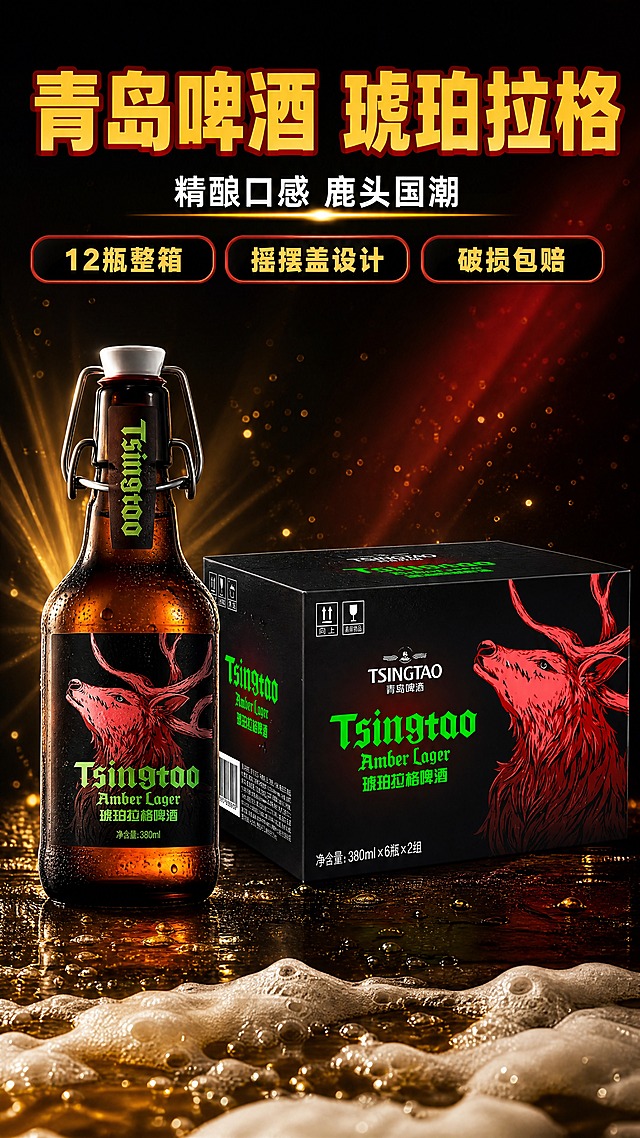 [商品] 使用【图1】青岛啤酒琥珀拉格（棕色摇摆盖玻璃瓶+黑色整箱包装）；保留瓶身与箱体的TSINGTAO青岛啤酒Logo、Amber Lager琥珀拉格字样、红色鹿头图案、摇摆盖金属卡扣、380ml×6瓶×2组/12瓶装箱信息等所有包装文字和图案；商品处理：保留产品原貌，清晰化瓶身和箱体标签文字，去除原图水印和多余装饰元素，增强玻璃质感、金属卡扣光泽和箱体哑光质感，不改变产品结构、颜色和比例。
[画面] 页面目标为拼多多详情页头图，突出产品全貌+核心利益点，营造高端精酿暗夜氛围；上文下图构图，上方25%为大标题卖点区，下方75%为产品展示区；主体为琥珀拉格单瓶+黑色整箱组合陈列，单瓶置于整箱前方偏左，产品占画面约65%；前景有金色光效粒子、啤酒泡沫、冷凝水珠，中景为产品主体，背景为渐变深黑+红色光晕+金色射线光效，整体≥3层视觉层次；阅读动线从上至下，先看大标题再看产品。
[视觉] 套系策略：风格=拼多多接地气高饱和商业摄影风，高端精酿暗夜质感；标题字=粗黑体大字报风格，厚重有力；正文字=简洁黑体；主色=暗夜黑+酒红+金色；背景延展=基于深黑做渐变层级、同色系深浅过渡、红色光晕和金色粒子质感；强调色=金黄色，仅用于小面积图标、引线、标签和高光点缀；标题色=金黄色+红色描边；正文色=白色；组件=圆角黑色信息卡、金色细线引线、精酿泡沫装饰；光影=侧前暖金柔光+产品轮廓光，突出玻璃通透质感和金属卡扣光泽。
[文字] 顶部居中主标题"青岛啤酒 琥珀拉格"，字体粗大醒目金黄色带红边；副标题"精酿口感 鹿头国潮"白色小字；下方配3个短卖点胶囊："12瓶整箱""摇摆盖设计""破损包赔"，黑色底金字红边；所有文字横向排版，不遮挡产品主体和Logo；文字字号保证手机端清晰可读。
[规格] 图片比例9:16竖版，4K，负向提示：避免变形、错字、文字过小、产品颜色改变、包装文字错乱、水印、二维码、极限词、冷蓝灰主色调。