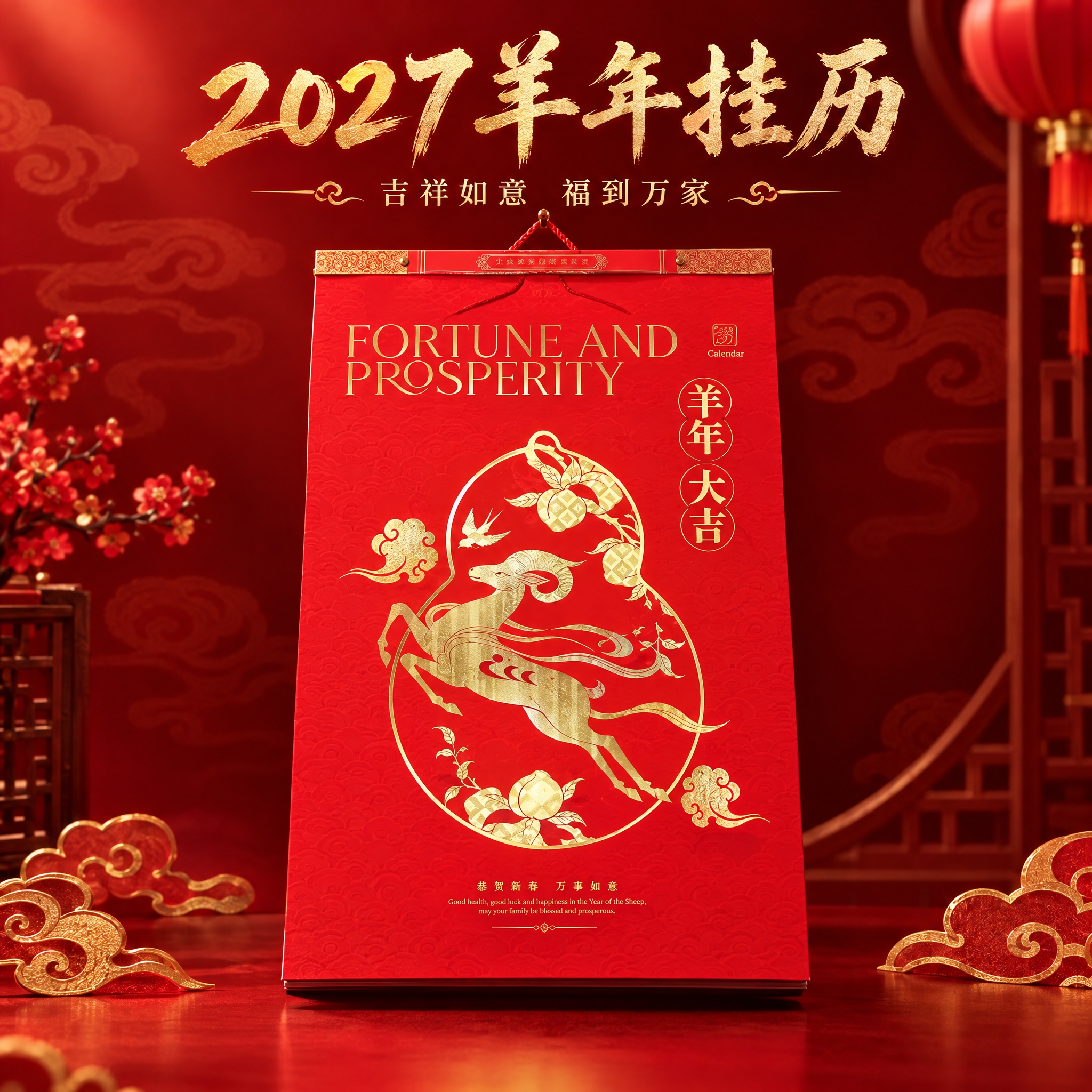 [主图-1] 产品首图，羊年大吉款红色挂历单独展示，高端新年礼… - 图片创意预览