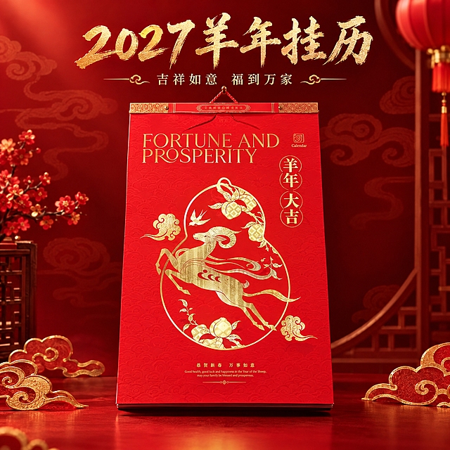 [主图-1] 产品首图，羊年大吉款红色挂历单独展示，高端新年礼品风格。
[统一基调] 淘宝/天猫1:1主图，中国红喜庆风格，高端烫金质感，主色正红色+烫金色，专业品质感，新年礼品氛围。
[画面] 画面中央展示羊年大吉款红色挂历，挂历正面完整朝向观众，略微仰视角度，主体占画面65%。挂历为正红色封面，金色烫金葫芦形羊年图案，奔腾的羊与寿桃祥云燕子纹样，顶部有红色挂绳与金色花纹装饰条，顶部有英文FORTUNE AND PROSPERITY和竖排羊年大吉字样。背景为渐变深红色+隐约祥云纹理，底部有金色祥云装饰元素点缀，营造高端新年氛围。
[光影质感] 商业摄影质感，柔和顶光+侧光，突出烫金图案的金属光泽与立体感，红色封面色彩饱和纯正，挂历边缘清晰有厚度，底部有自然接触阴影。
[配色] 主色正红色，点缀烫金色，背景深红渐变。
[文字版式] 画面上方烫金色书法字标题"2027羊年挂历"，下方金色小字"吉祥如意 福到万家"，文字放在上下负空间，不遮挡挂历主体。
[输出要求] 1:1正方形，2K分辨率，挂历清晰完整，烫金质感真实。禁止变形、错字、模糊、水印、平台Logo。