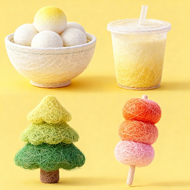 毛发生长风与轻拟物结合，3D质感的纤维艺术呈现可爱清新氛围，色彩柔和梦幻，传递舒适趣味感。