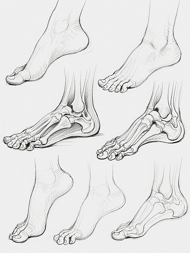 人体脚部结构素描练习图，白色背景，多张不同角度和姿态的脚部线稿，线条流畅精准，注重骨骼结构与肌肉转折的解剖学表现，速写风格，清晰展示脚踝、足弓、脚趾的形态变化，教学示范性质的绘画参考图，线条粗细有变化以区分主次结构，无多余细节干扰主体形态。
