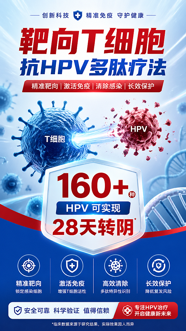 设计一张视觉冲击力强的医疗健康竖版海报，主题是靶向T细胞抗HPV多肽疗法，突出核心信息："靶向T细胞抗HPV多肽疗法"，"160+种HPV 可实现28天转阴"，整体专业现代，采用红蓝白医疗专业配色，清晰展示核心文案，构图居中聚焦，视觉冲击力强