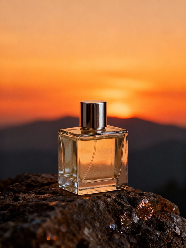 主体被置于粗糙岩石之上（主体占画面比为25%），岩石质感厚重呈现些许光泽。背景为暖调橙棕日落渐变作背景，虚化远山形成虚实层次。突出产品自然氛围感。自然打光，保证溶图效果。