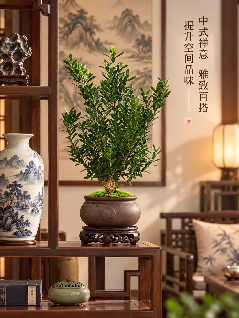 淘宝天猫电商主图第三张，3:4竖版，黄杨盆栽场景展示图，摆放在… - 图片创意预览
