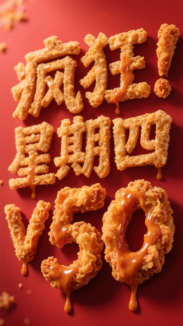 "主体为刚出锅的炸鸡面衣质感的立体字“疯狂星期四V我50""，表面酥脆，蘸着一些炸鸡酱，背景为红色"预览效果