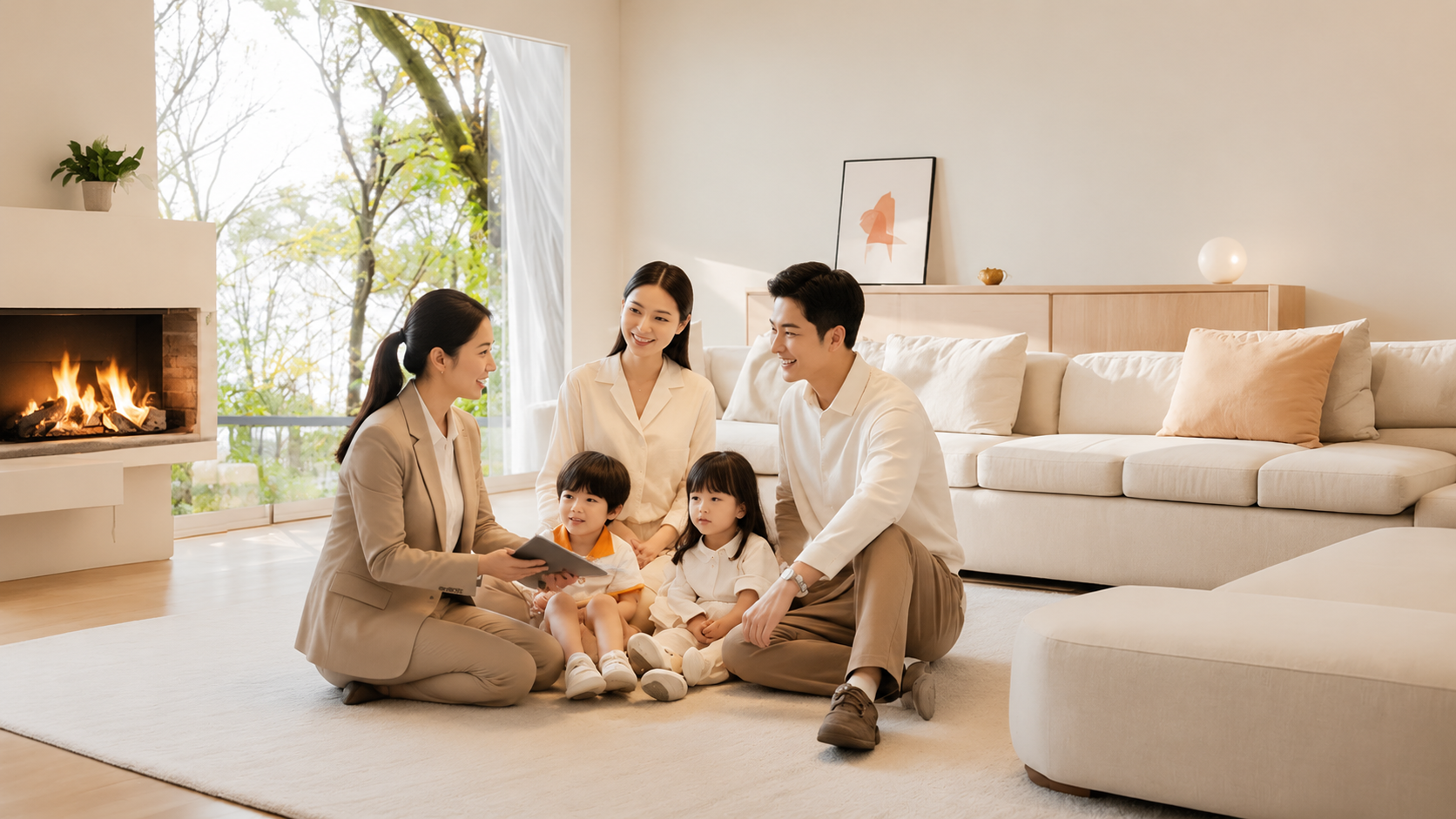 参考原图片风格，在明亮温馨的现代客厅中为一家四口添加一个专业的… - 图片创意预览
