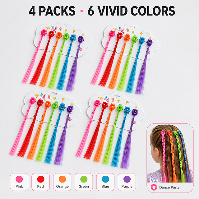 [主图-5] 商品名称：4 Pack Kids Clip-In Hair Extensions with 6 Vivid Colors – Braided & Straight Hair Pieces for Dance Party & Performance。唯一任务：套装数量与颜色全家福图，让买家一眼看清 4 包与 6 种颜色。
[统一基调] 明亮干净的跨境电商 listing 视觉：背景主色为冷白到浅灰白的柔和棚拍底（#F2F3F5 系）；主标题字色为近黑炭灰（#1E2226），辅助文案统一缩小 60% 同为炭灰；强调色统一为亮粉红（#FF4D8D），只用于细线图标标签与小面积标记；全套只用一种现代无衬线粗体字体外观，允许字号层级变化，不混用字体、不拉伸压扁；组件统一为圆角细边图标标签、细线放大圈与轻微半透明白底小卡片，不用厚重色块、通栏和边框；柔和影棚柔光，浅色柔和接触影，画面通透干净。
[画面] 浅灰白影棚底（不使用纯白底），俯视平铺阵列：4 个云朵形白色纸卡以两行两列错落排列，每卡挂 6 根彩色发片，发片向下自然散开形成彩色扇形阵列；每束发片末端附近配一个小号颜色名称标签并成排对齐；画面右下角放一个圆角细边小窗，窗内展示一束发片夹在小女孩辫子上的局部使用状态并带小字号场景名称；产品整体占画面 72%，上方与左侧留出文字留白区。
[光影质感] 均匀柔和棚光，纸卡与发片有极浅接触影，发丝光泽自然，产品边缘无硬切与白底残留。
[配色] 冷白浅灰底，产品彩虹色为主，粉色标签为画面唯一强调色。
[文字版式] 主标题英文「4 PACKS · 6 VIVID COLORS」横排上方留白，炭灰粗体最大；颜色名称标签依次为「Pink」「Red」「Orange」「Green」「Blue」「Purple」，字号比主标题小 60%；画面不得出现 SKU 字样，不重复其他图已讲的卖点，不出现中文。
[输出要求] 1:1 正方形，阵列整齐、标签清晰；负向：变形、错字、模糊、杂乱、水印、平台 Logo、中文。
