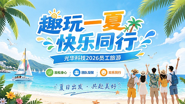 夏日活力清新风格的员工旅游活动横幅海报，整体明快清凉，背景是淡蓝色夏日海边度假风景，点缀棕榈树叶和小帆船元素，整体风格活泼明快，版式精美。画面主标题是"趣玩一夏 快乐同行"，副标题是"光华科技2026员工旅游"，底部装饰文案是"夏日出发 · 共赴美好"，三个卖点分别是"放松身心" "团队凝聚" "欢乐同行"，文字清晰可读，整体色彩清新，层级分明，氛围轻松愉悦。