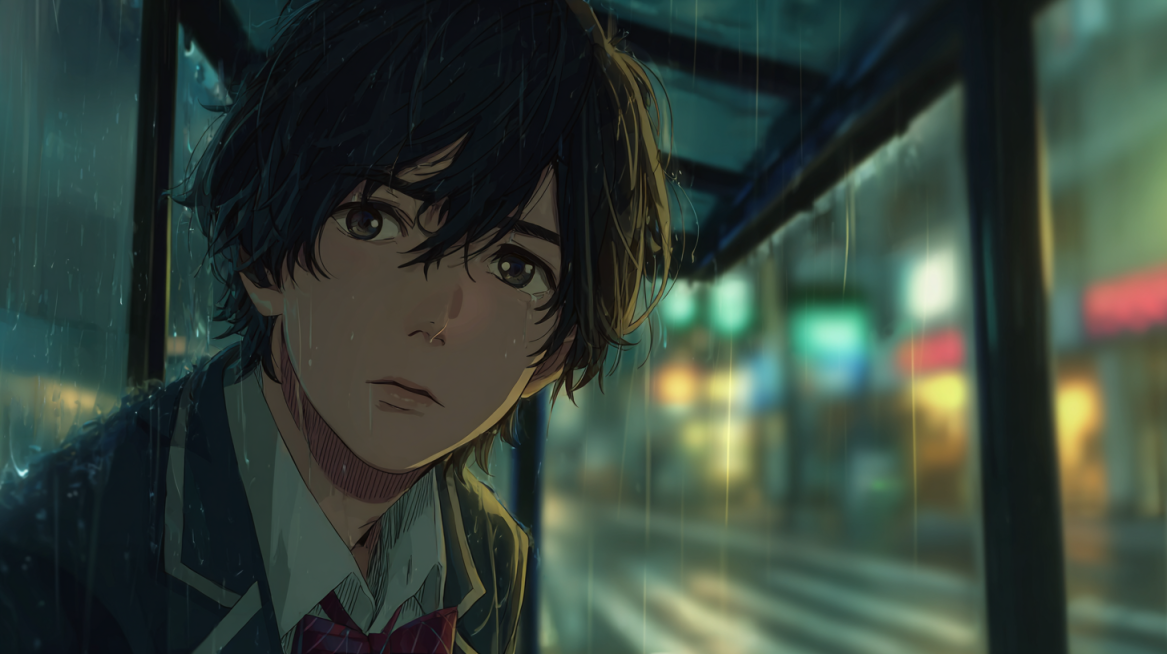 anime still, portrait of a teenage boy with a melancholic and thoughtful expression, dark hair slig预览效果