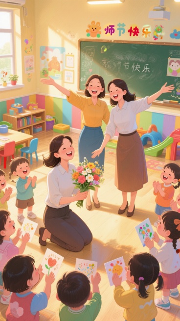 Happy Teachers' Day, three smiling, kind kindergarten female teachers (one kneeling down, one standi预览效果
