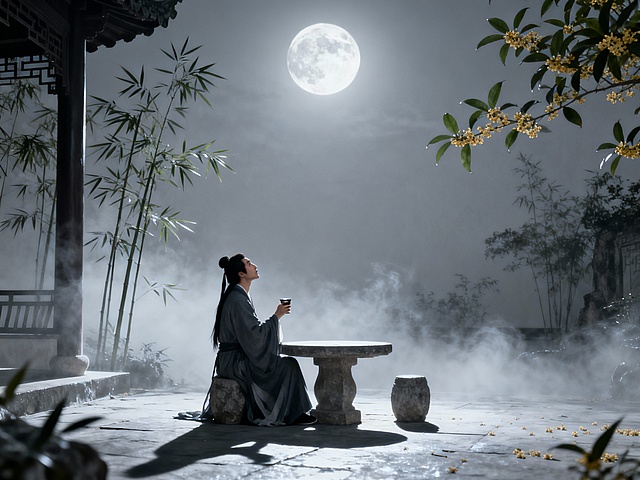月下独酌，古典中式庭院中，竹影婆娑，雾气缭绕，光影交错间尽显静谧与唯美感，水墨风与写实结合，营造出诗意朦胧的中秋意境。