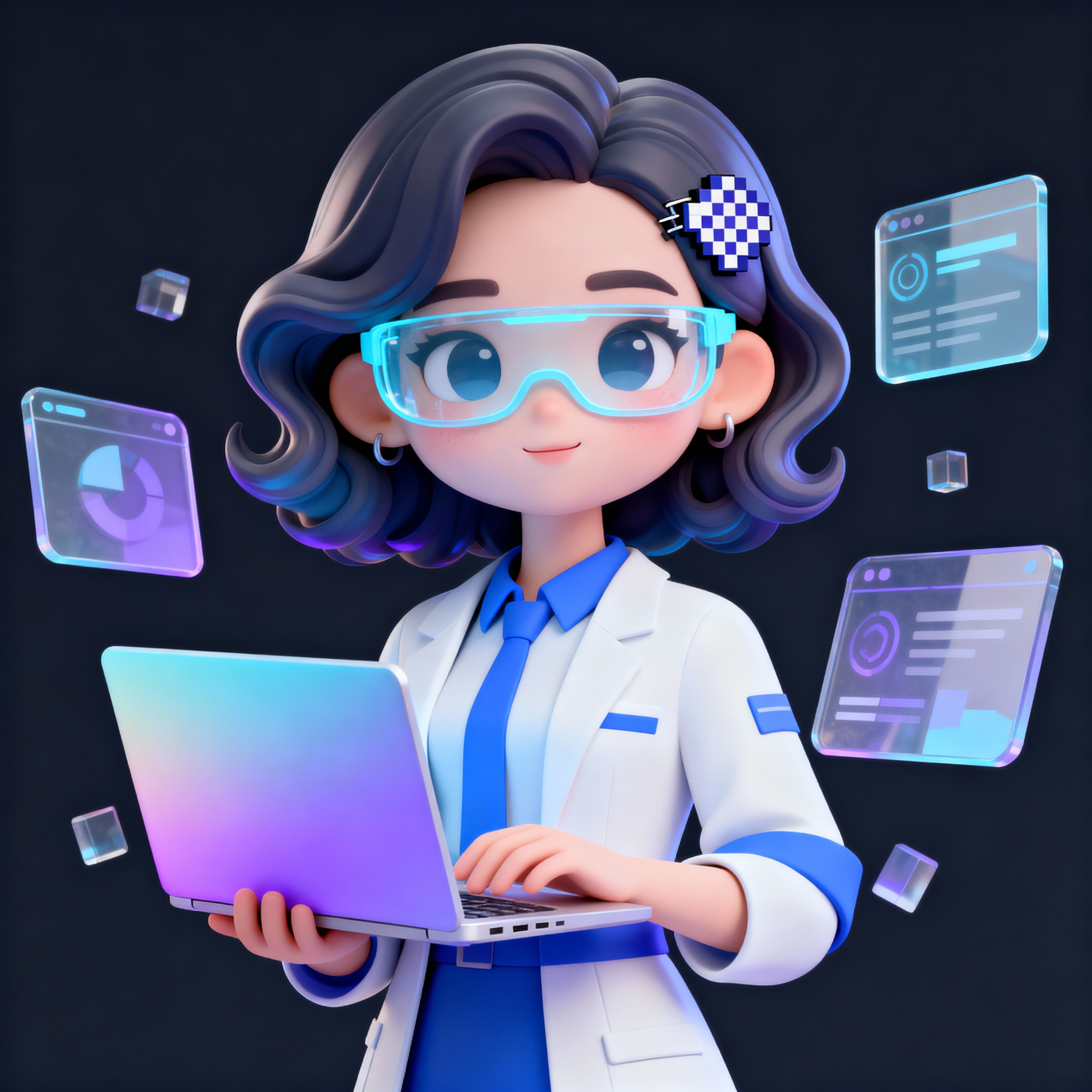 潮流3D IP形象，女生，设计师，戴半透明浅蓝科技感眼镜，波浪… - 图片创意预览