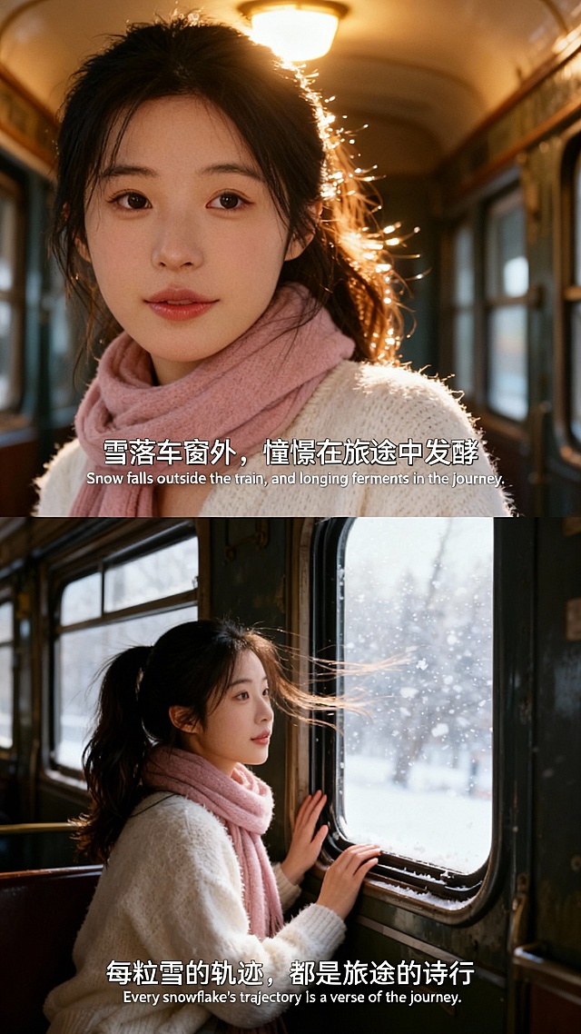 复古车厢中，光影交织，胶片质感捕捉冬日旅人静谧瞬间，文艺与浪漫在雪景中温柔发酵，唯美感与实景感交融，诉说一段诗意旅程。