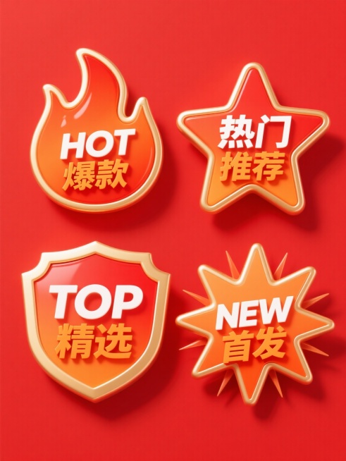 红色纯色背景上，四个造型完全不同的爆款元素规整排布，每个元素均保持高光泽度橙红色渐变主体、金色立体轮廓描边及高光效果的统一风格：第一个为火焰形状，内有白色“HOT”与橙色“爆款”文字；第二个为五角星形预览效果
