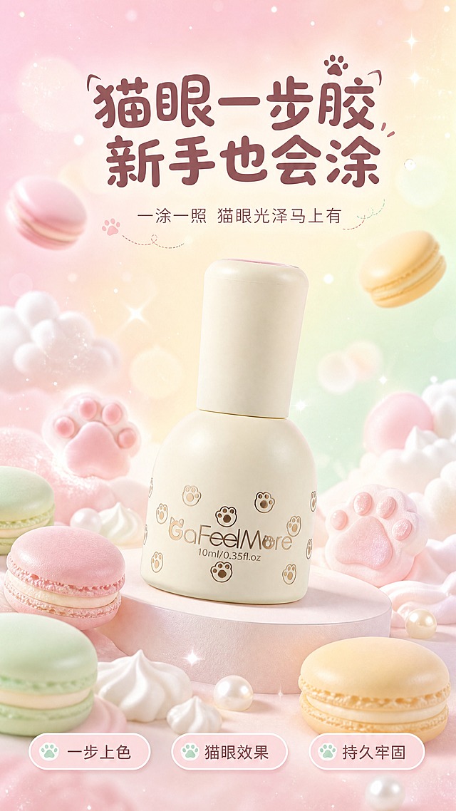 [商品] 使用【图1】GaFeelMore 嘉妃猫猫眼一步胶；保留奶黄色小胖瓶身、猫爪烫金图案、GaFeelMore Logo、10ml/0.35fl.oz 字样、圆润瓶盖与瓶身比例；商品处理：去除下方透明底座与脏污痕迹，瓶身自然精修提亮、增强奶雾哑光质感，不改变瓶型、颜色和图案位置。
[画面] 目标：第1张美感头图，打造奶霜马卡龙少女氛围，突出猫眼一步胶产品全貌与核心利益。构图：产品居中偏下，占画面约55%，瓶身微微右倾30度展示正面Logo；上方留白做主标题区；周围漂浮马卡龙、奶油云朵、猫爪软糖、粉黄渐变圆形光斑等软萌元素；前景散落粉/薄荷绿/奶黄三色马卡龙和小颗珍珠；中景产品立于奶油质感圆台；背景为粉→奶黄→薄荷绿的柔焦渐变，带细闪珠光。阅读动线：从上至下，先标题后产品。
[视觉] 套系策略：风格=奶霜马卡龙甜系少女风商业摄影；标题字=圆润可爱粗圆体；正文字=简洁无衬线体；主色=奶粉色；背景延展=基于奶粉色做奶黄/薄荷绿同系渐变、奶油肌理、柔焦光斑和云朵质感；强调色=薄荷绿，仅用于小面积图标、引线、标签和装饰元素；标题色=深粉棕；正文色=暖棕灰；组件=圆角奶油信息卡、虚线猫爪引线、胶囊形标签；光影=顶部柔暖漫射光，瓶身左侧高光、右侧柔和阴影，整体通透奶雾感。
[文字] 顶部居中主标题「猫眼一步胶 新手也会涂」，副标题「一涂一照 猫眼光泽马上有」；产品下方3个胶囊形卖点标签：「一步上色」「猫眼效果」「持久牢固」；文字不遮挡瓶身Logo和猫爪主图案；所有文字横向排版。
[规格] 图片比例9:16竖版，4K分辨率，负向提示：避免变形、错字、文字过小、冷蓝/蓝灰背景、瓶身颜色改变、图案Logo错乱、透明底座残留、脏污痕迹、医疗功效词、绝对化用语。