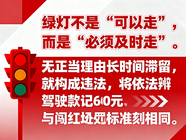 红白为主色调的创意交通提示海报，清晰展示核心文字："绿灯不是“可以走”，而是 “必须及时走”。无正当理由长时间滞留，就构成违法，将依法罚款 200 元、驾驶证记 6 分，与闯红灯处罚标准完全相同。"，设计简洁醒目，可读性强，现代平面设计风格，创意突出