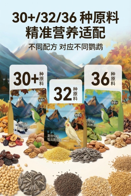 2:3竖版尺寸，主标题「30+/32/36 种原料 精准营养适配」，副标题「不同配方 对应不同鹦鹉」，画面中心将三款鹦鹉粮包装的原料数量（30/32/36）以大号数字突出，严格保留包装上原料数量文字不预览效果