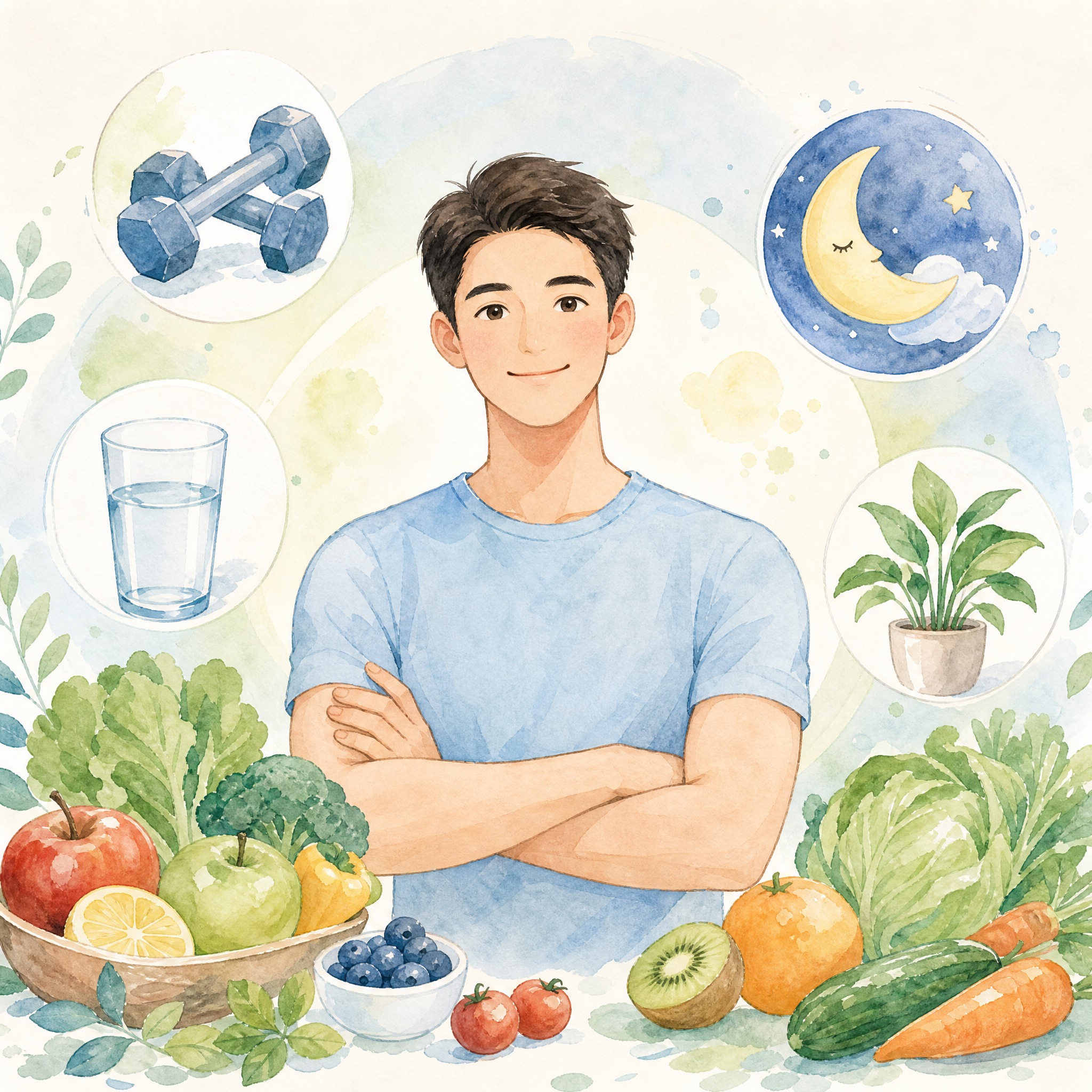 水彩手绘插画风格，男性备孕主题，一位年轻健康的男士微笑着站在画… - 图片创意预览