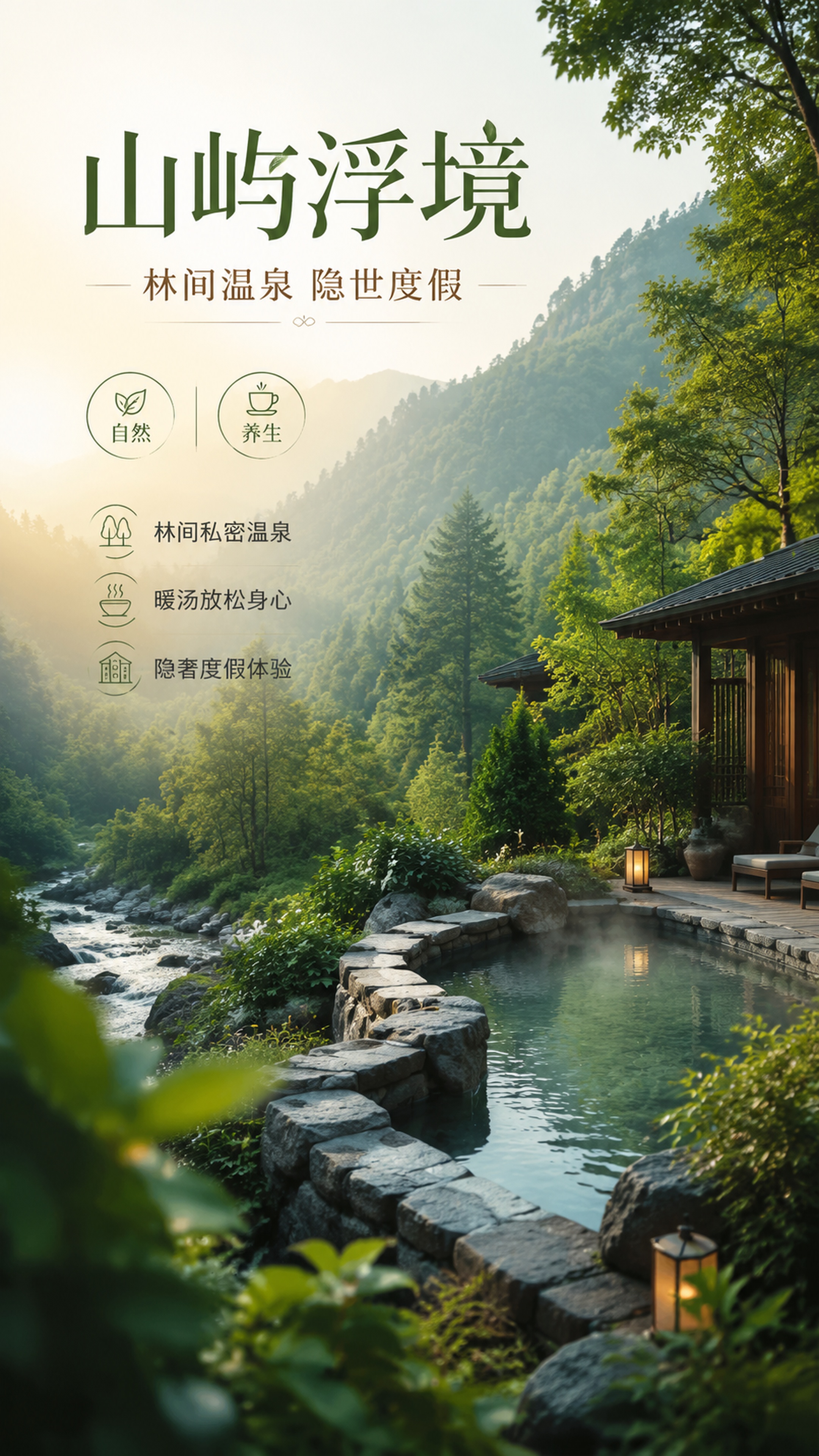 写实商业摄影风格海报，核心主体是山间绿林中的温泉，采用全包场景… - 图片创意预览